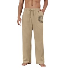Cotton Linen Pants Men, Summer Beach Pants Loose Fit with Elastic Large Coffee