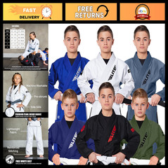 Ultra Light BJJ Gi for Kids – Brazilian Jiu Jitsu Uniform, Preshrunk Fabric, Fre