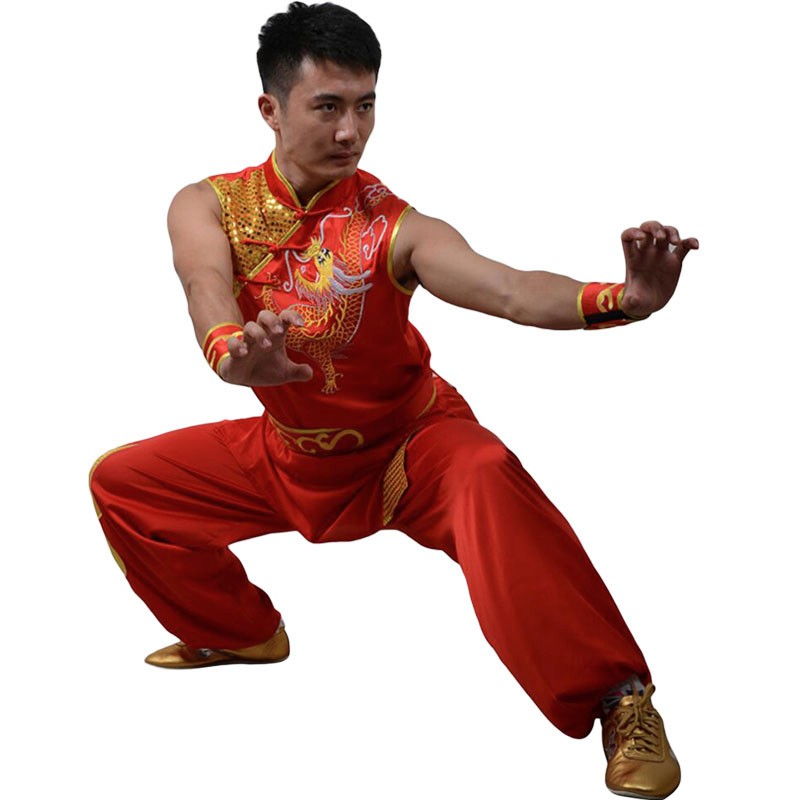 Silk Sleeveless Chinese Tai Chi Kung Fu Uniform Shaolin Suit Dragon Embroidery