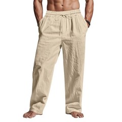 Men Casual Cotton Linen Pants, Elastic Drawstring Waist X-Large Light Khaki