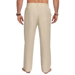 Men Casual Cotton Linen Pants, Elastic Drawstring Waist X-Large Light Khaki
