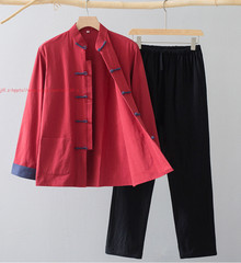Men Chinese Traditional Linen Cotton Tai Chi Kung Fu Uniform buckle Shirt+pants