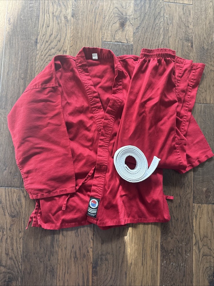 Pro Force Martial Arts Karate Uniform Red Gi 6oz Size 2 w/White Belt WORN ONCE