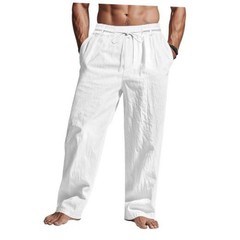Men Casual Cotton Linen Pants, Elastic Drawstring Waist Summer Medium White