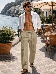 Men Casual Cotton Linen Pants, Elastic Drawstring Waist Large Dark Khaki