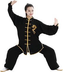 One Suit Unisex Cotton Silk Dragon Embroidery Long Sleeves Tai Chi Uniform Suit