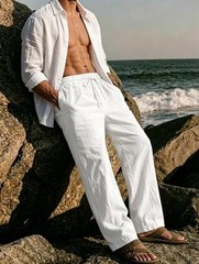 Men Casual Cotton Linen Pants, Elastic Drawstring Waist Summer Medium White
