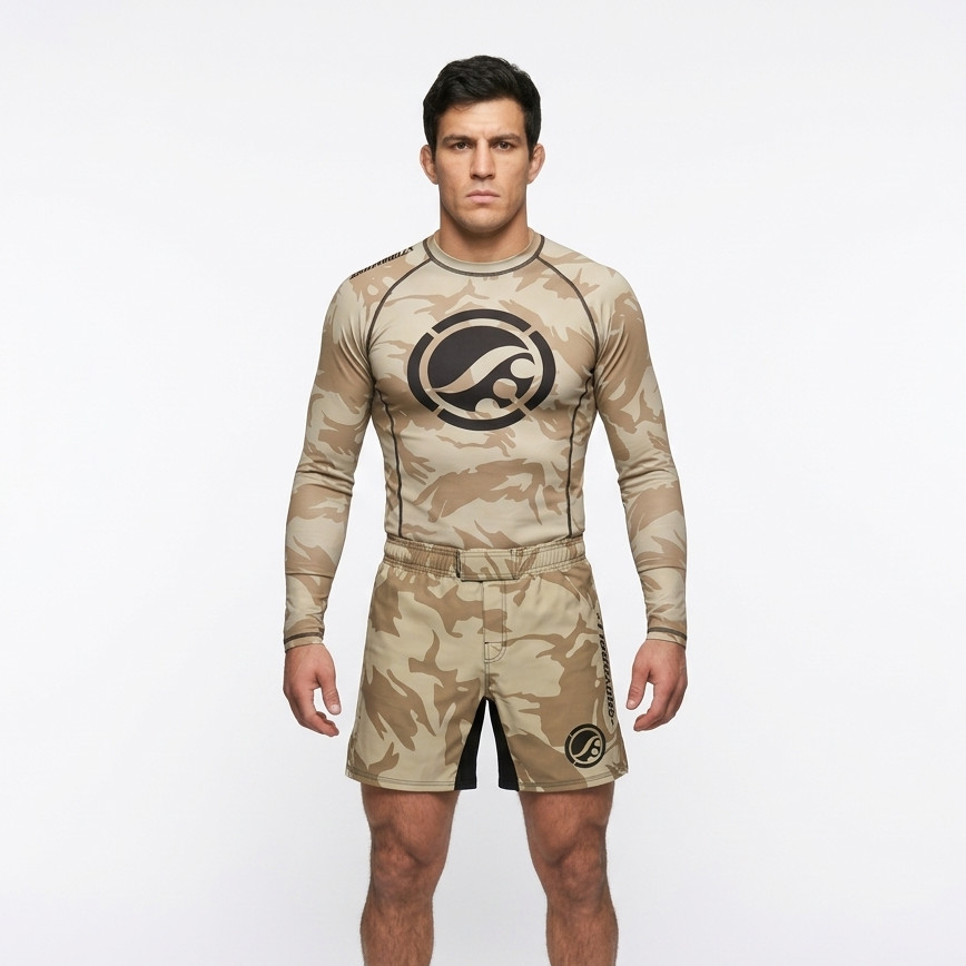 Shoyoroll Training Rash Guard LS (BF20) Tan Camo & Training Fitted Shorts MMA