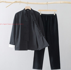 Men Chinese Traditional Linen Cotton Tai Chi Kung Fu Uniform buckle Shirt+pants