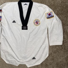 Adidas Taekwondo Dobok Top Mens Medium White Black Collar USA Korea AAU Patches