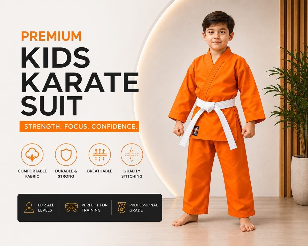 Premium Kids Karate Gi Uniform Orange Martial Arts Suit White Belt Boys Girls
