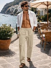Men Casual Cotton Linen Pants, Elastic Drawstring Waist X-Large Light Khaki