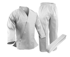 Size 9 New Karate 7.5oz White Gi Uniform w/White Belt, Cotton/Poly blend