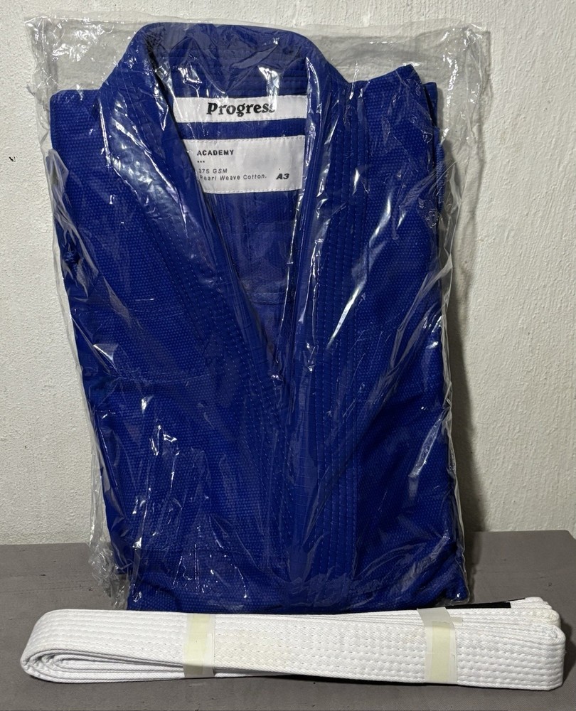Progress Academy BJJ Gi Blue A3 Pearl Weave New w/ Belt & Bag Men’s Cut