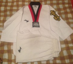 Karate Tae kwon do Uniform Gi; White Youth Size 000 Red Black Lapel SET
