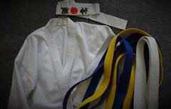 Karate Martial Arts Uniform Jacket & 4 Belts Blue Purple Yellow White & Headband