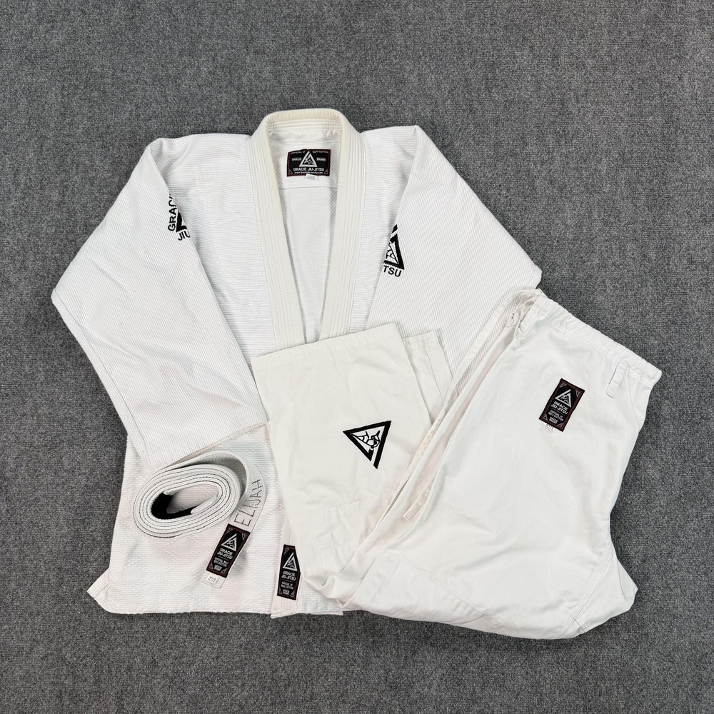 Gracie Academy Jiu-Jitsu Gi Set Mens Large 4/170 White Kimono Pants Belt Weave