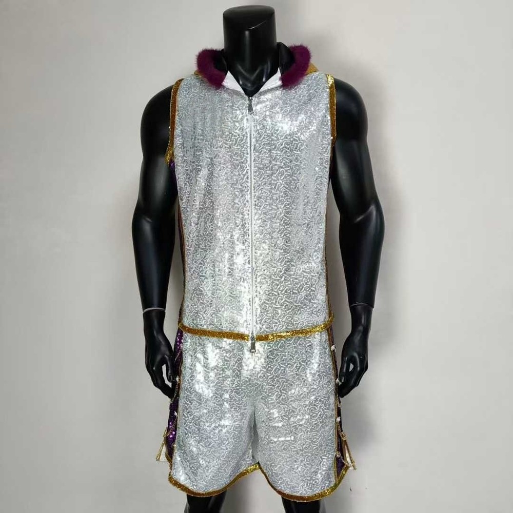 Custom Chain Trim Boxing Fight Robe Set – Sequin Silver Purple Entrance Uniform