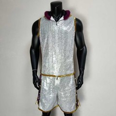 Custom Chain Trim Boxing Fight Robe Set – Sequin Silver Purple Entrance Uniform