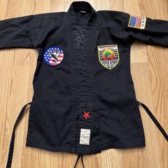 Vintage Karate Taekwondo Martial Arts Black Uniform Shirt US Flag Patches Youth