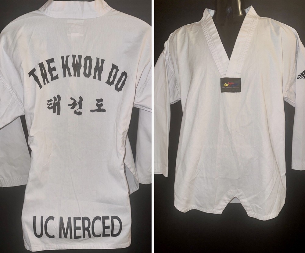 White UC MERCED Bobcats Tan Keon Do Martial Arts ADIDAS Gi Shirt Size 3 170 Cm