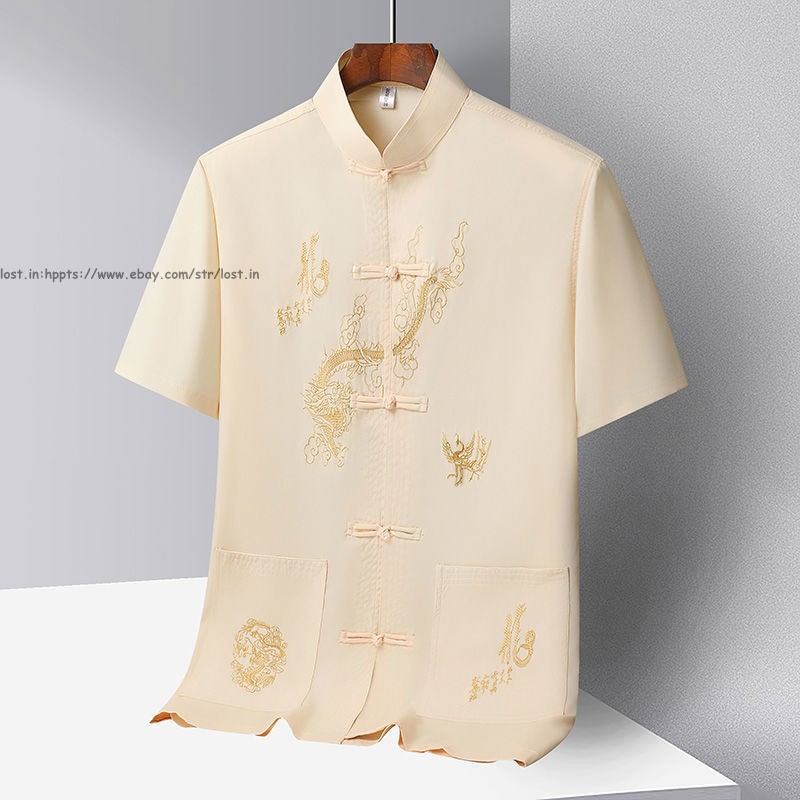 Mens Retro Tang Suit Hanfu Summer Chinese T-Shirt Pants Sets Tai Chi Embroidered