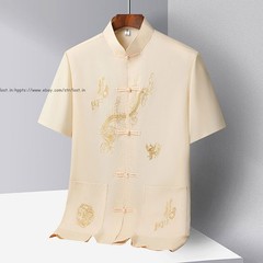 Mens Retro Tang Suit Hanfu Summer Chinese T-Shirt Pants Sets Tai Chi Embroidered