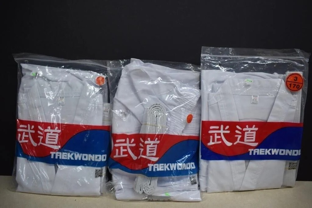 Lot of 3 New Taekwondo Uniforms White Dobok Gi + Belt Sizes 3/170 4/180 Martial