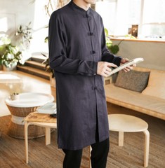Men Chinese Tang Suit Kung Fu Tai Chi Cotton Linen Traditional Coat Long Uniform