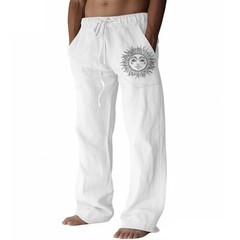 Cotton Linen Pants Men, Summer Beach Pants Loose Fit with Elastic Large White