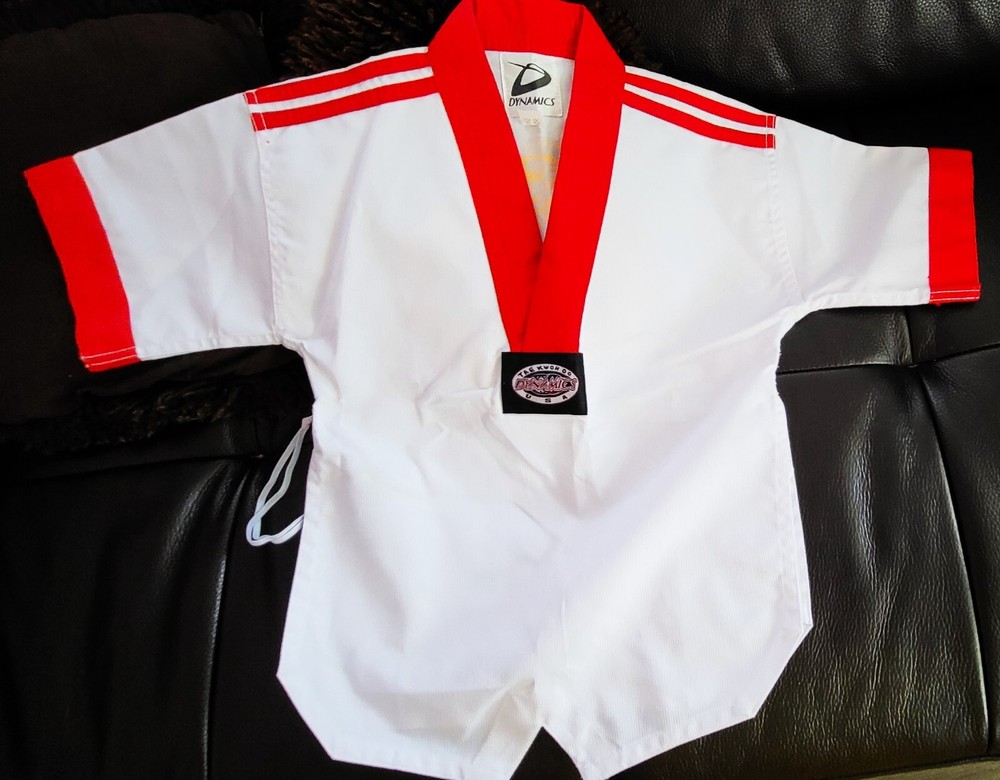 DINAMICS Martial Arts AN’S TAEKWONDO Shirt/SHORT Kids White/RED SET SIZE 000/120