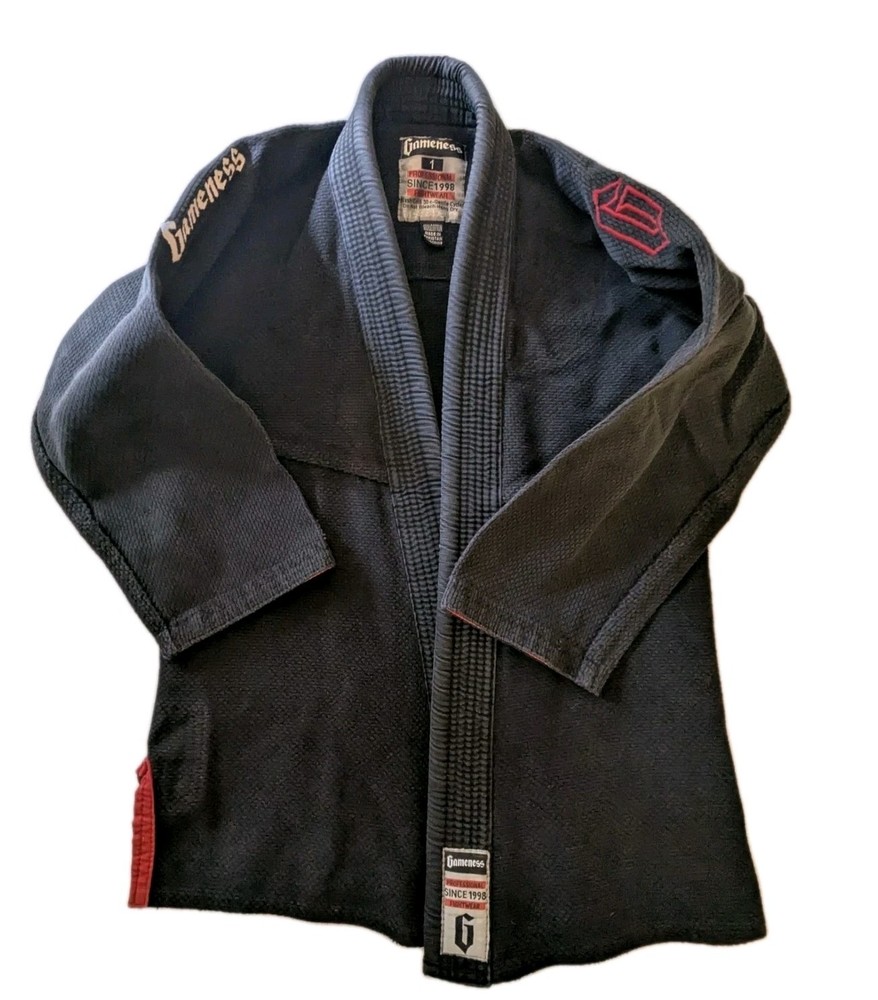 Gameness Youth Kids BJJ Gi Black & Red, Size 1, w/Pants & White Belt