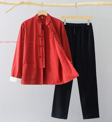 Men Chinese Traditional Linen Cotton Tai Chi Kung Fu Uniform buckle Shirt+pants