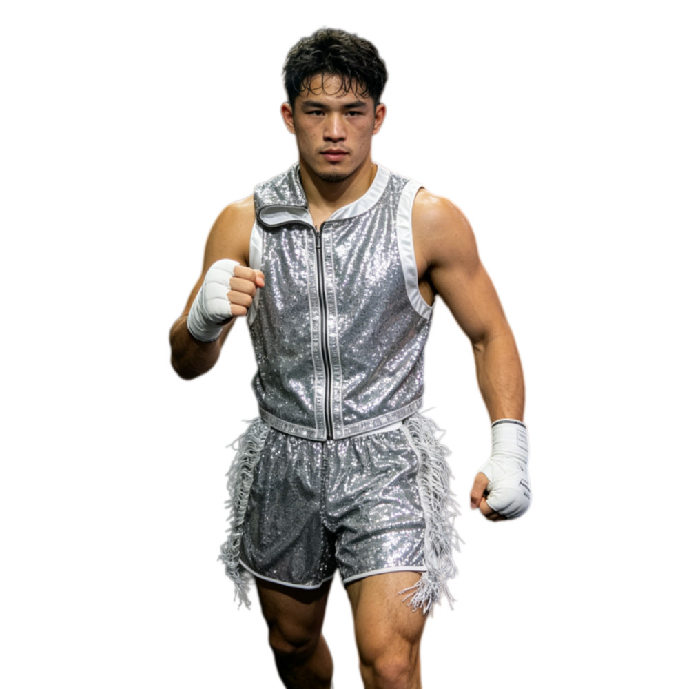Custom Silver Sequin Boxing Walkout Set Vest & Shorts with Fringe