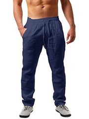 Mens Linen Pants Casual Loose Lightweight Drawstring Medium 01-navy Blue