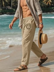 Cotton Linen Pants Men, Summer Beach Pants Loose Fit with Elastic Large Coffee