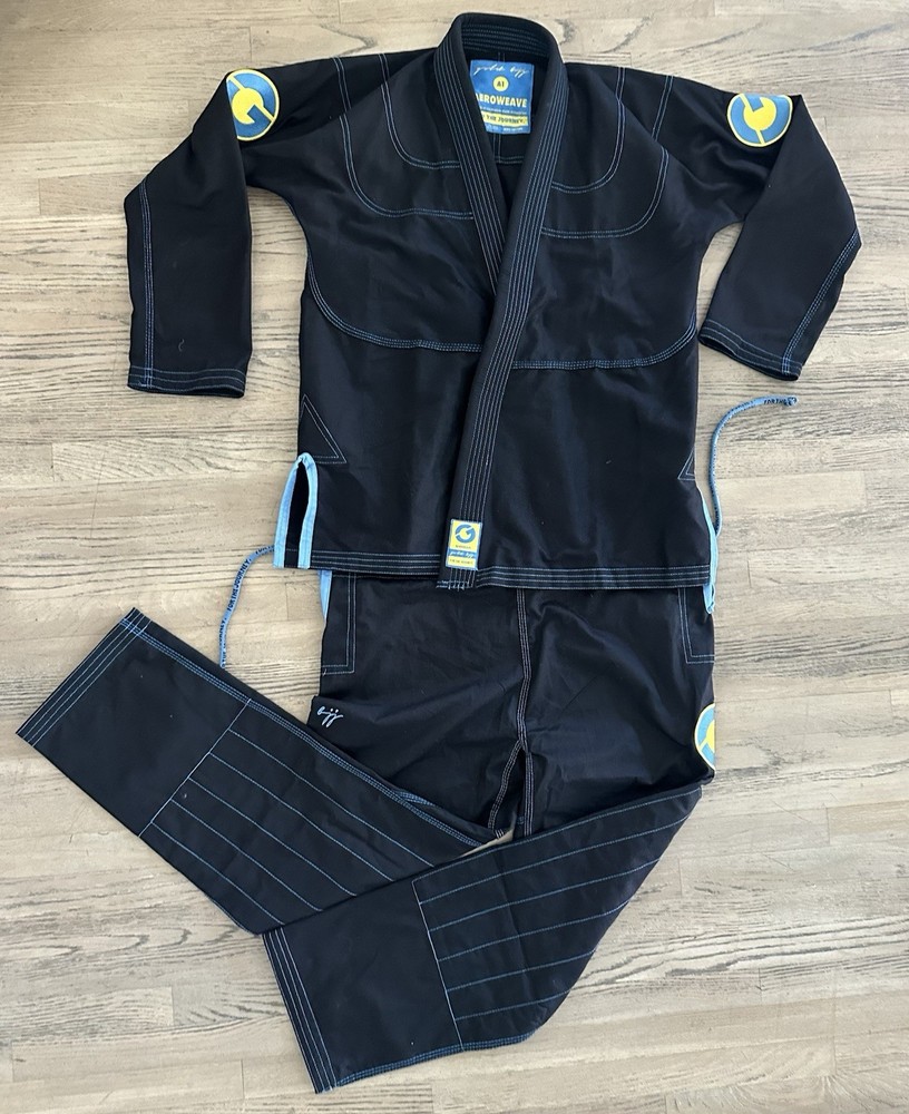 Gold BJJ Aeroweave Ultralight Gi A1 Black w/ Blue Stitching Complete BJJ Suit