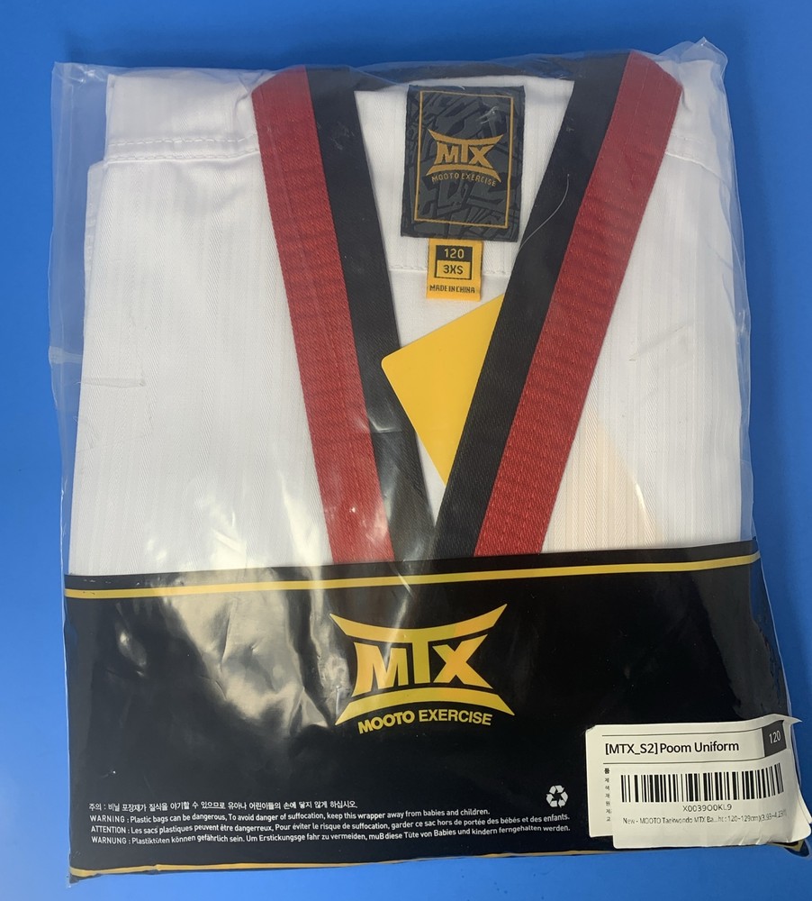 MOOTO MTX Basic Poom Uniform S2 TKD Taekwondo WT Dobok – 120 3xs, Brand New