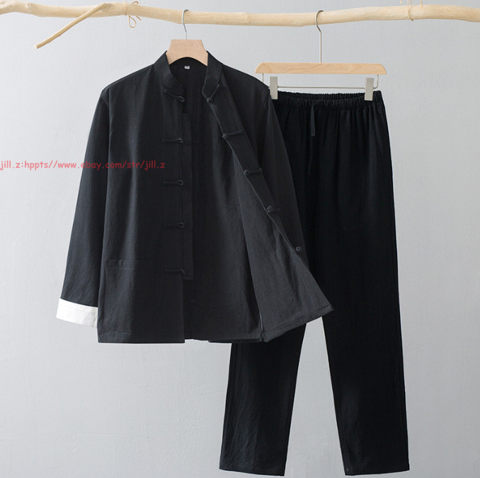 Men Chinese Traditional Linen Cotton Tai Chi Kung Fu Uniform buckle Shirt+pants