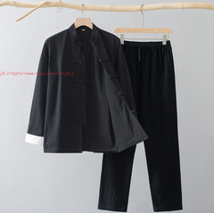 Men Chinese Traditional Linen Cotton Tai Chi Kung Fu Uniform buckle Shirt+pants