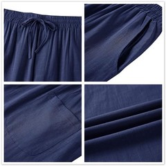 Mens Linen Pants Casual Loose Lightweight Drawstring Medium 01-navy Blue
