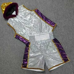Custom Chain Trim Boxing Fight Robe Set – Sequin Silver Purple Entrance Uniform