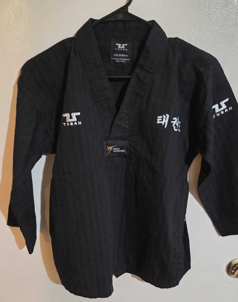 Tusah Black Dobok Martial Arts Taekwondo Training Uniform Youth Size 0/140cm