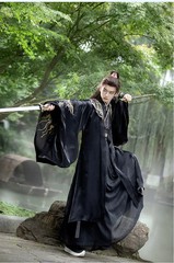 Unisex Black Hanfu Cloud Shoulder Embroidery Swordsman Cosplay Costume Unisex