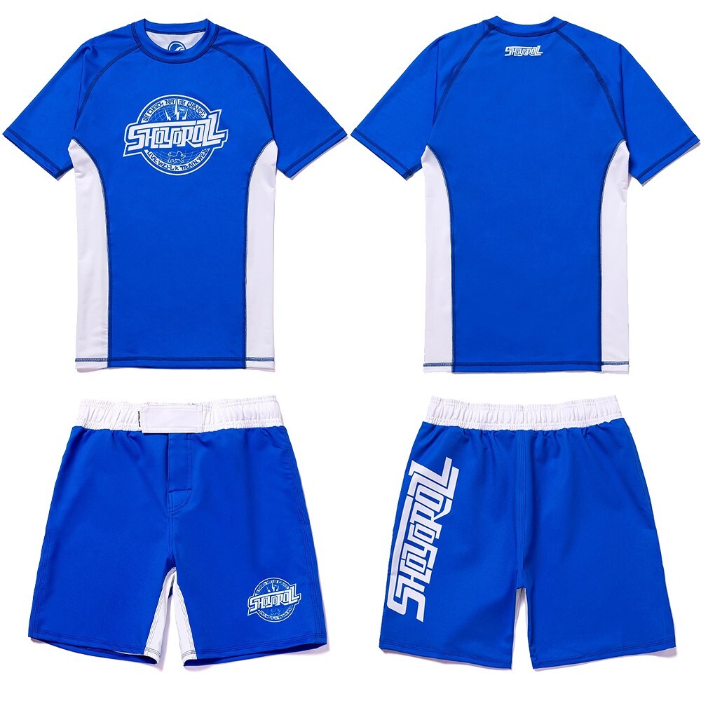 Shoyoroll Competitor 21.Blue Rash Guard SS & Training Fitted Shorts MMA Jiujitsu