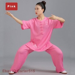 Womens Martial Arts Tai Chi Uniform Loose Kung Fu Suit Sets Flower Embroidery