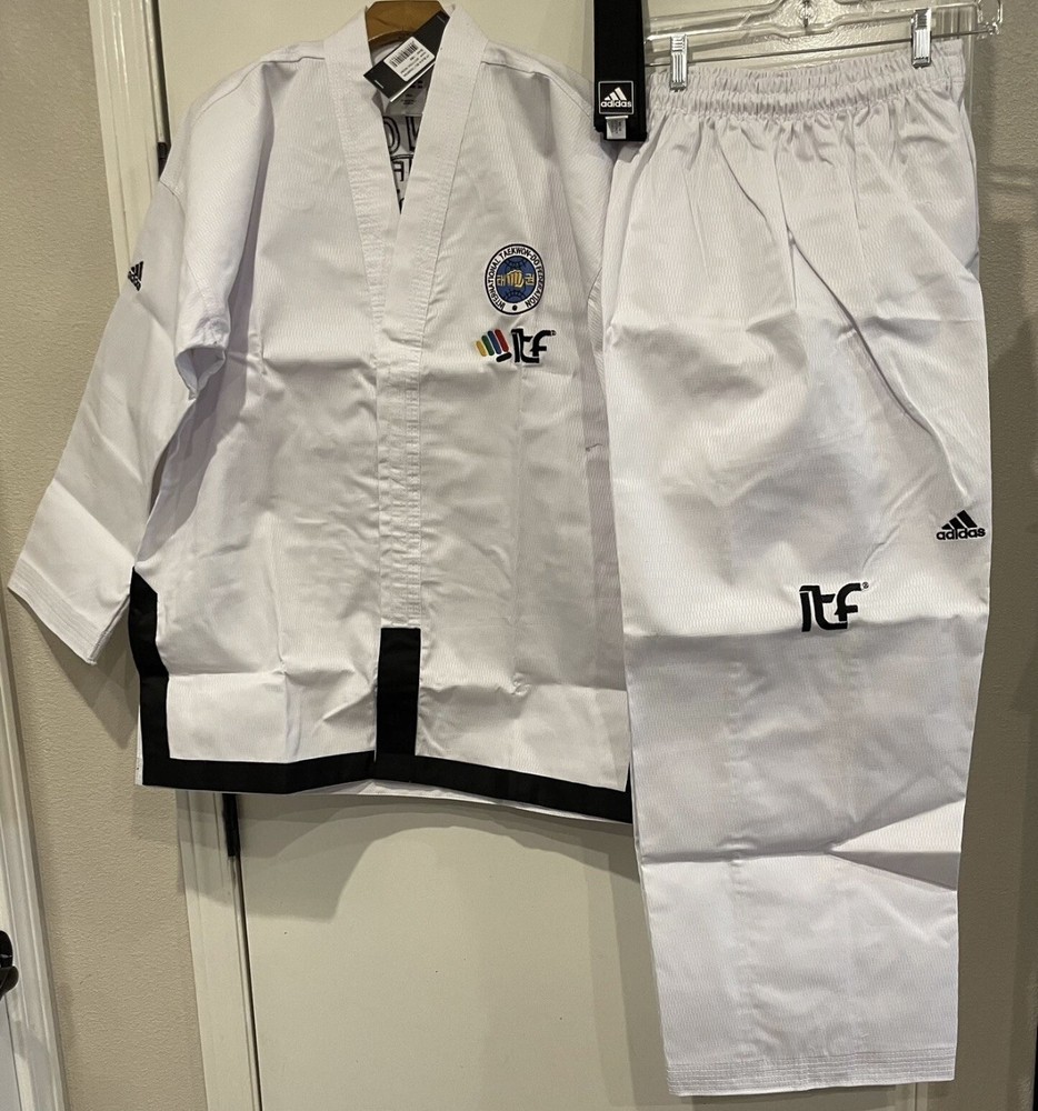 NWT Adidas Taekwondo ITF Black Belt Champion Uniform WH/BK adiTITF02 Sz 180