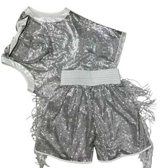 Custom Silver Sequin Boxing Walkout Set Vest & Shorts with Fringe