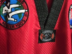 Adult VISION Taekwondo Gi Uniform Size 4/180, RED, Master Yoo Black Belt Patches