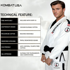 KOMBAT USA Lightening Pro BJJ Gi Ultra Light 100% Cotton + FREE White Belt